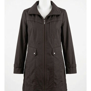 Cole Haan Trench Coat Women L Black Travel Parka Packable Rain Jacket Preppy